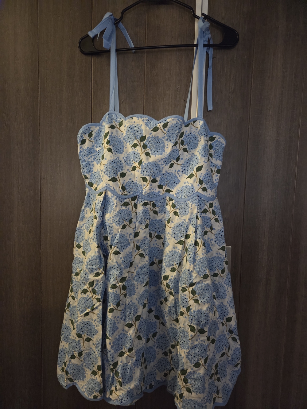 entro Blue Hydrangea Floral Scallop-Neck Tie-Shoulder Sundress Large